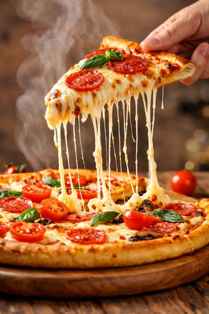 Cheese pull pizza close-up by M-studioAi